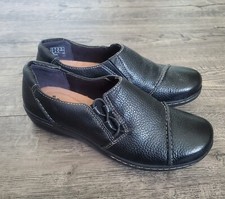 Clarks Leather Slip On Shoes Women  s 7M Blk Pebble Evianna Mix Soft Cushioned