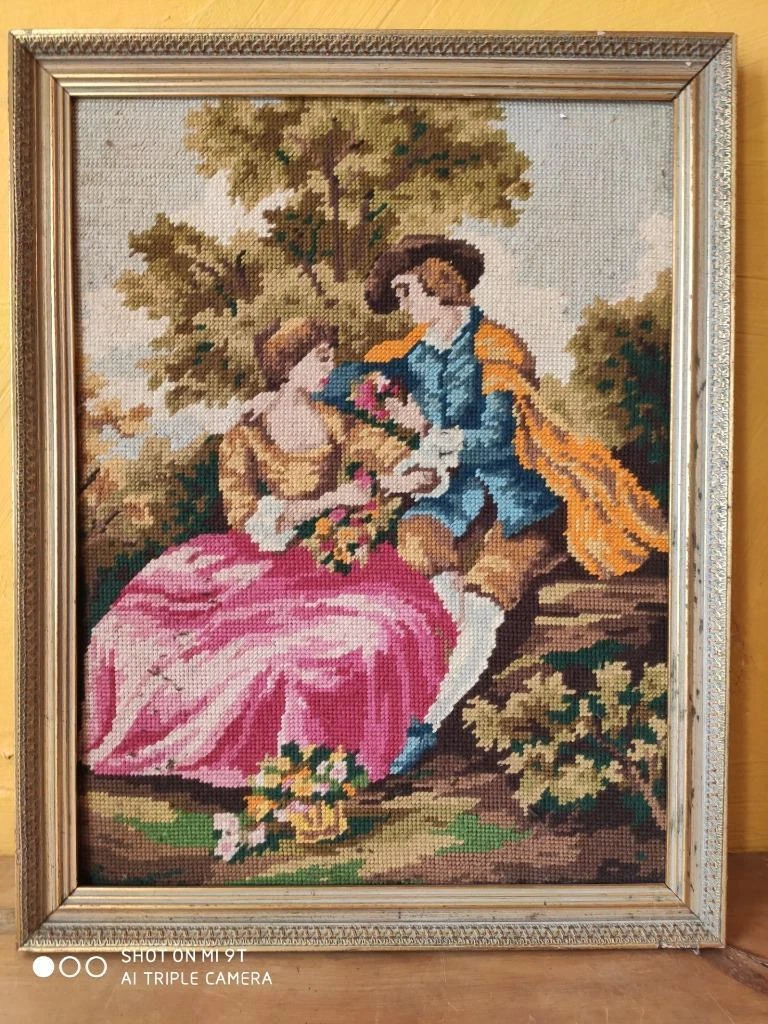 Vintage Cross Stitch Tapestry French Estate -Fragonard 15x20 COUPLE Gold  Frame