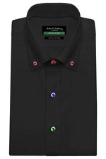 Mens Dinner Dress Button Down Polo Tie Collar Black Shirt with Multicolor Button