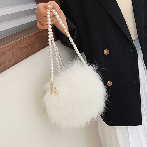 Fuzzy Flap Shoulder Bag White Hairy Plush Crossbody for Woman Round - Picture 6 of 12