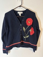 Jones New York Sport Medium Vintage Cropped Cardigan Blue 100 Cotton Flower D62