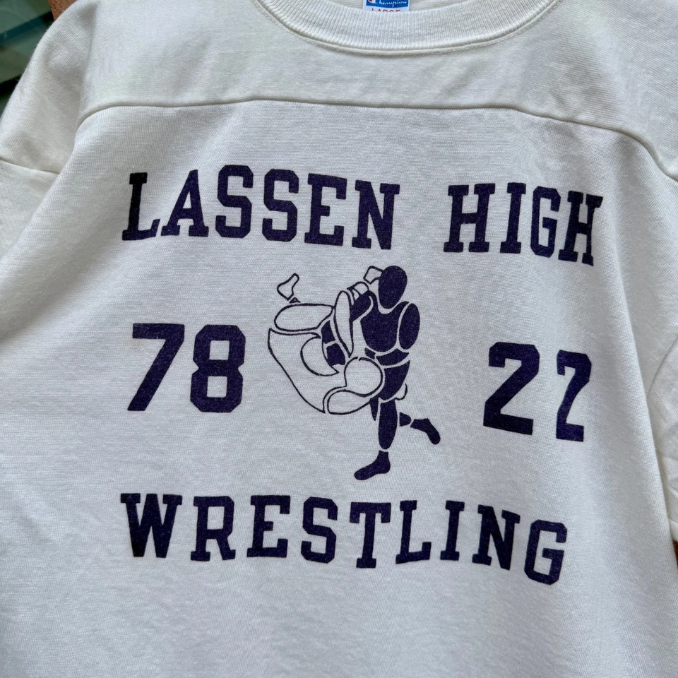 Camiseta de fútbol vintage Champion años 70 algodón nailon lucha libre grande estampado al agua Foto 2 de 4