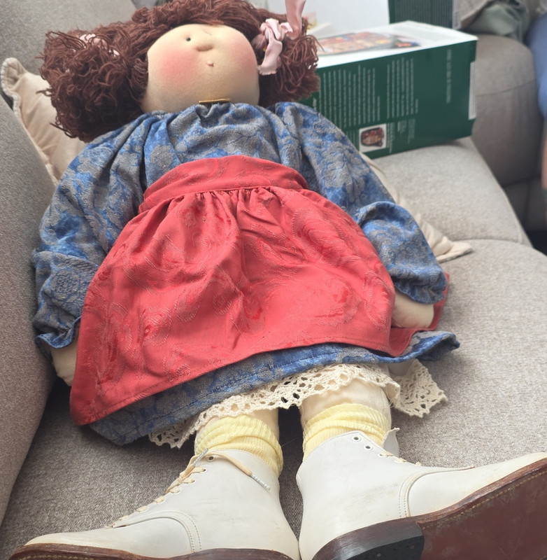 Rag & Cloth Doll Girl with Curly Dark Brown Hair, Red Apron, Blue Dress