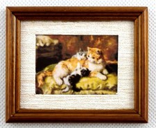 Casa de Muñecas Madre Gato Gatitos Cuadro Nogal Marco Accesorios Miniatura
