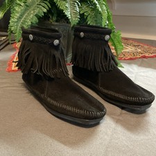 Minnetonka Fringe Moccasin Women  s 7.5 Ankle Back Zip Black Western Native