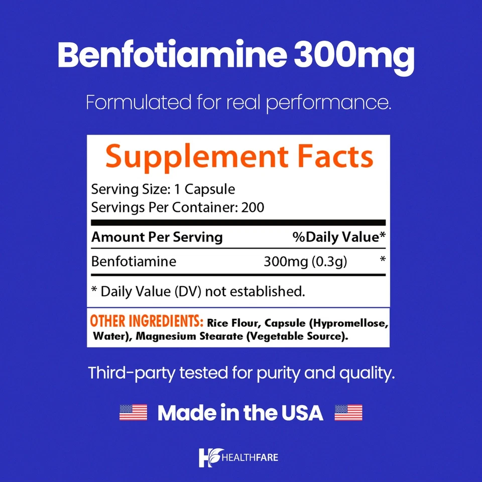 Benfotiamina 300mg 200 cápsulas vegetais tiamina lipossolúvel vitamina B1 HealthFare - Imagem 3 de 4