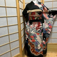 6145 Japanese Vintage Furisode Kimono Obi Obijime Obiage 4-Piece Set Silk Robe