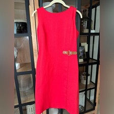 Ralph Lauren sheath dress knee length sleeveless leather buckle red workwear