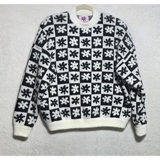 Lisa Says Gah Black White Checkerboard Floral Knit Sweater XL/2X Made in USA