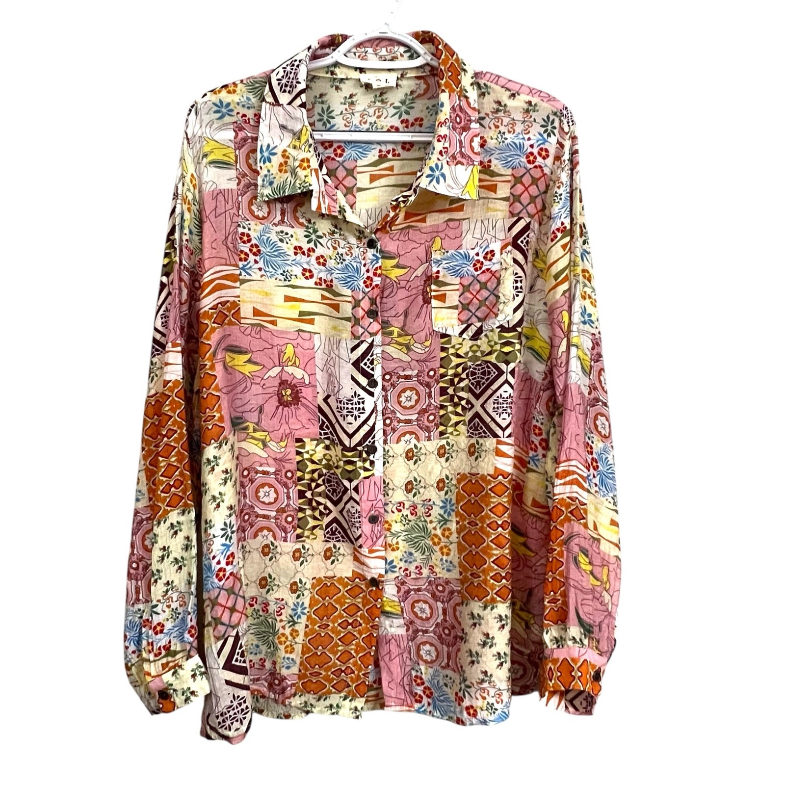 POL Patchwork Button Front Boho Blouse Womens Sma… - image 1
