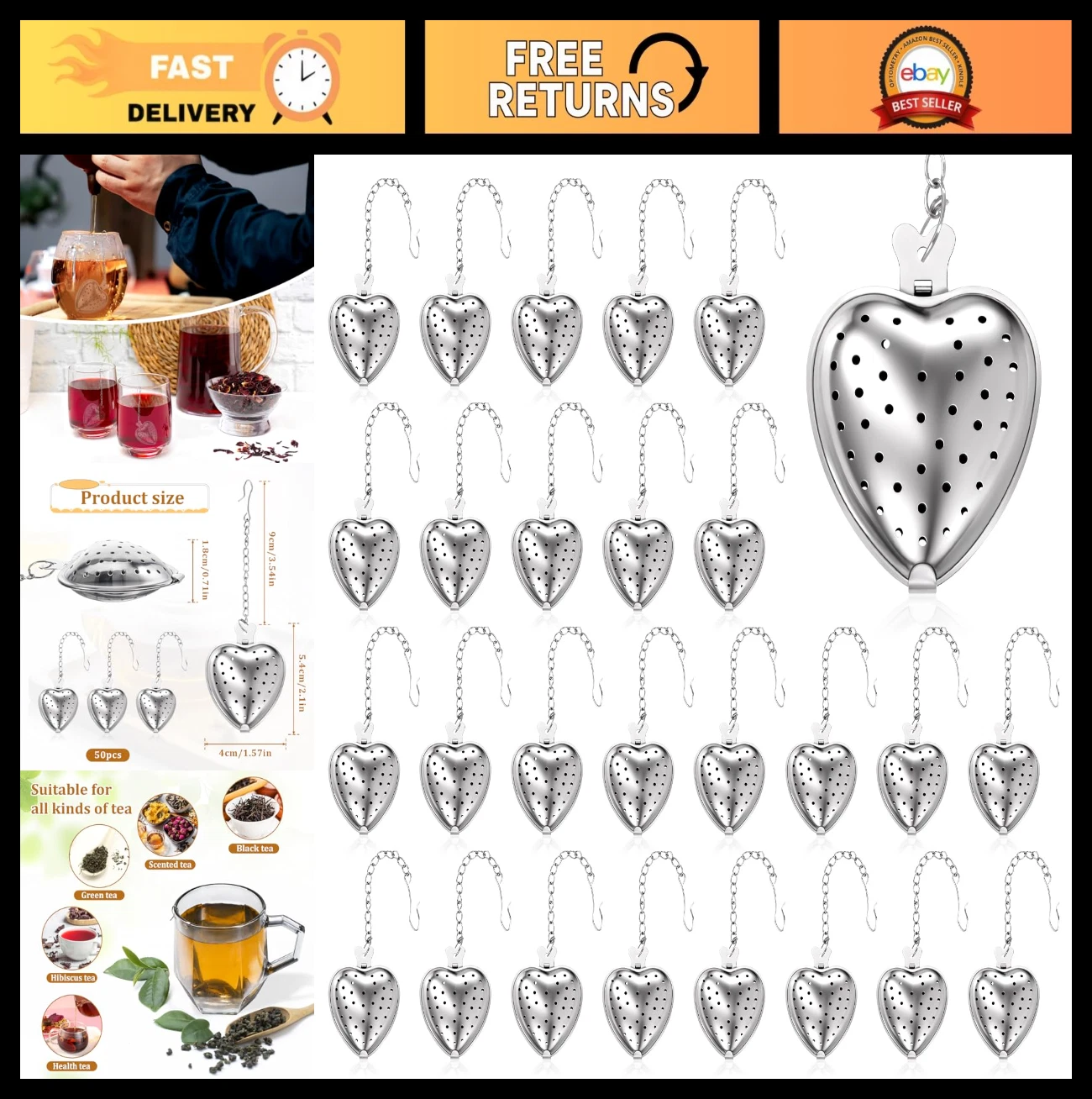 50 Pcs Stainless Steel Heart Shaped Tea Strainers - Loose Leaf Infuser with Chai