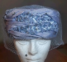 Vintage Union Made 50'S Ladies Pill Box Light Blue Hat With Modesty Veil