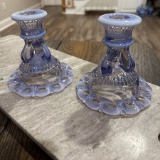 Westmoreland Opalescent Lilac Glass Doric Candle Holders Open Lace 4.5t./4.25w