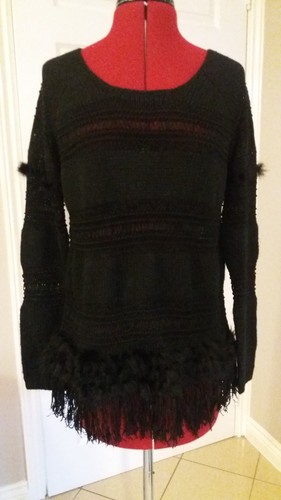 black wool jumper with faux fur trim 