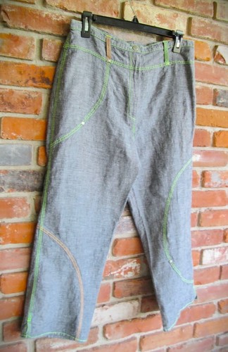 Linen crop pant womens 14 gray studs stitching detail elastic inserts Alain Weiz