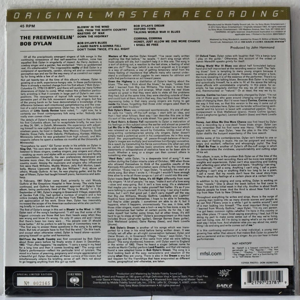 AUDIOPHILE MOBILE FIDELITY MFSL 378 BOB DYLAN Freewheelin 180g #2LP No #2165 SS - Image 2 of 2