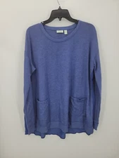 Lori Goldstein LOGO Lounge Top Womens Small Blue Long Sleeve Mixed Media Pockets