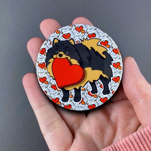 Black Tan Pomeranian Dog Valentines Day Pinback Button Badge Handmade Gift 2.25" - Picture 2 of 11