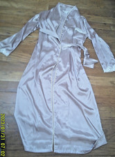 Gillian and O Malley Beige satin robe. long. white lace and piping trim S-M