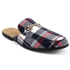 Mens Blue Plaid Backless Slip On Mule With Gold Buckle Loafers By AZAR MAN