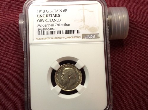 1913 NGC 6 Pence Great Britain Unc Details Obv Cleaned Mildenhall Collection - Picture 4 of 4
