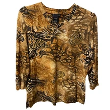 Multiples Small Women Top Brown Sequins Embroidery Jungle Print 