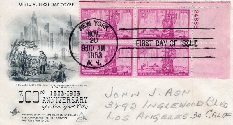 1953 #1027 NYC 300TH ANNIV. PLATE BLOCK #24885UR ON FDC W/ ART CRAFT CACHET GEM!