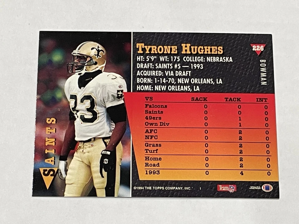 1994 Bowman Football #226 - Tyrone Hughes - New Orleans Saints - Image 2 of 2