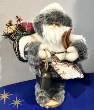 Woodland Winter Santa Claus Figure Doll 11” Canoe Fur Skis Montana Wood Base