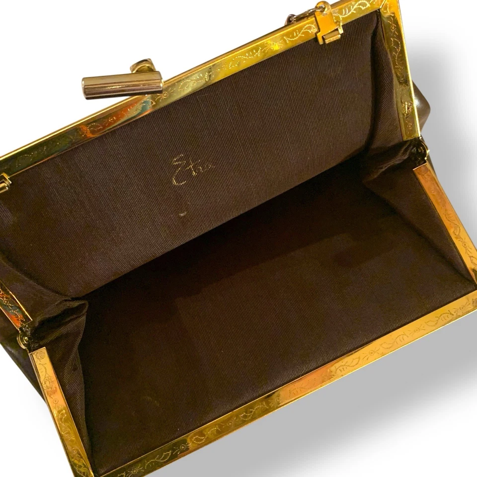 Vintage Etra Brown Vinyl Clutch Purse Envelope Handbag Hidden Gold Chain Party - Image 3 of 4