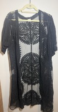 Black Sheer Lace Embroidered Open Front Kimono Duster Cover Up Womens S-M Goth