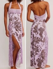FREE PEOPLE Love You More Maxi Dress Lavender Brown Floral Lace Trim Romantic S