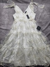 Lulu's Forever Endearing Embroidered Swiss Dot White Tie Shoulder Dress Sz M NWT
