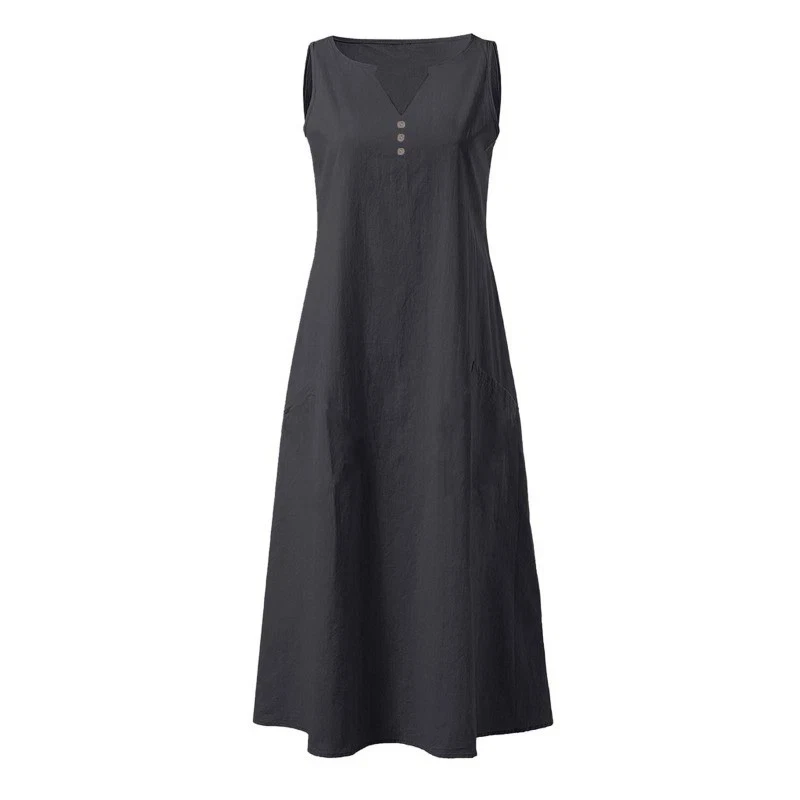 Women Cotton Linen Sleeveless Maxi Dress Ladies Summer Casual Solid V Neck Dress - Image 3 of 4