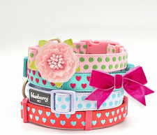 Adjustable Flocking Dog Collar with Silk Flower, Polka Dot in Baby Pink, Large -