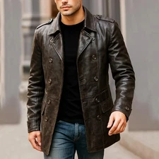 Men’s Vintage Genuine Sheepskin Leather Double-Breasted Short Coat Brown