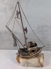 Vintage DeMott Fishing Trawler Shrimp Boat Brass Onyx Base Signed