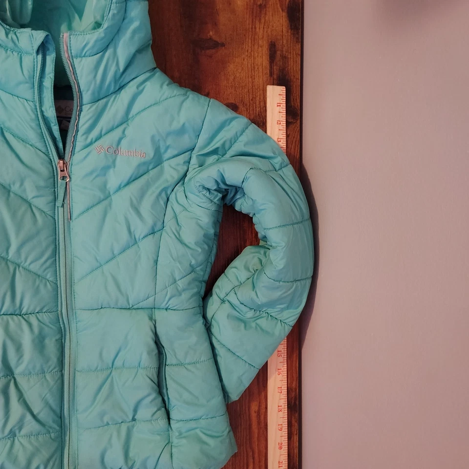 Columbia Jacket Girls Small 7/8 Teal Hooded Puffer Quilted Zipper Pockets Winter - Image 3 of 4