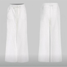 Women High Waist Drawstring Wide Leg Linen Blend Pants Casual Long Trousers
