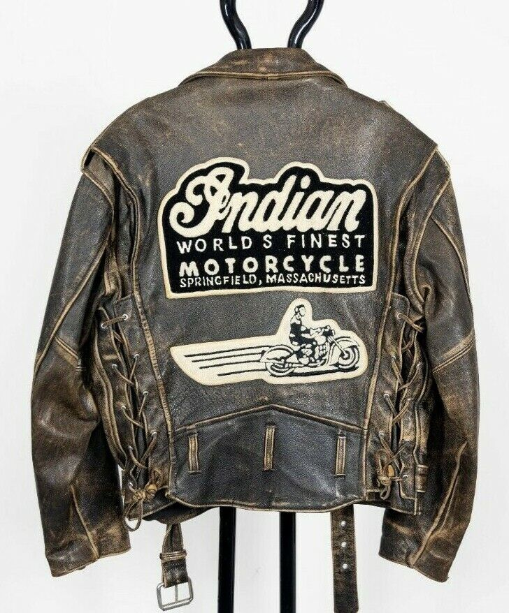 VTG 90's Indian Motorcycle Patch Brown Leather Rider Jacket Rare