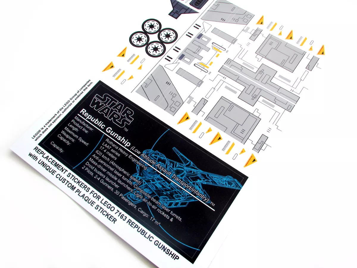 CUSTOM STICKERS for STAR WARS Set 7163 REPUBLIC GUNSHIP MODELS AND DISPLAYS