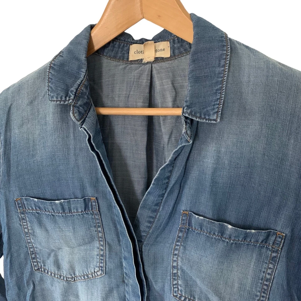 Cloth & Stone Shirt Sz Small Anthro Blue Denim Chambray Distressed Frayed Fringe - Image 2 of 4