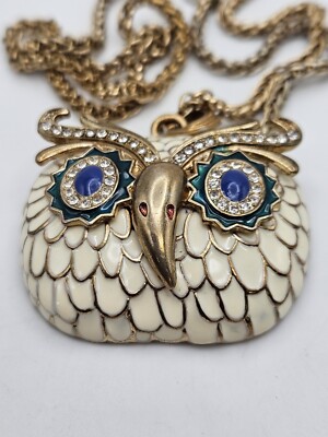 Vintage KJL Kenneth Lane White Enamel Crystal Owl Head