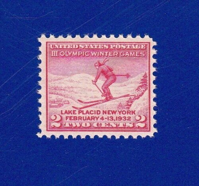 1932 LAKE PLACID WINTER OLYMPIC GAMES STAMP SNOW SKIING RED SINGLE POSTAGE MNH