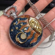 Blue Starry Sky Stars and Moon Half the Sun Pocket Watch Quartz Necklace Chain