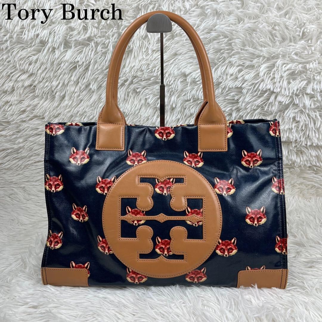 TORY BURCH Fox Tote Bag Navy Btown PVC Canvas Leather Used | eBay