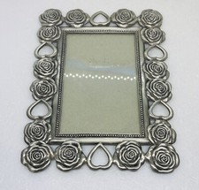 Vintage Pewter Picture Frame Rose Petals Heart Border Ornate Art Decor Heavy BB