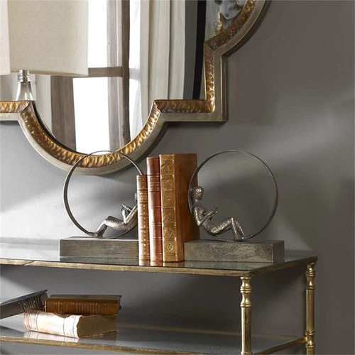 Uttermost Lounging Reader 2-Piece Metal MDF Bookend Set in Antiqued Silver/Gold - Picture 3 of 5