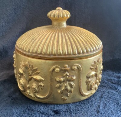 Decorative Lidded Round Lidded Box Raised Pattern All Around Gold 6 1/2 D