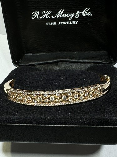 Real 14K Rose Gold Diamond Bangle Bracelet Cuff Filigree Bracelet 16.3gr, Sz 7"